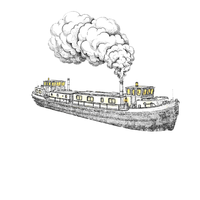 Illustratie van het kantoor met boot op het water