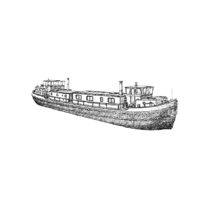 Illustratie van het kantoor met boot op het water